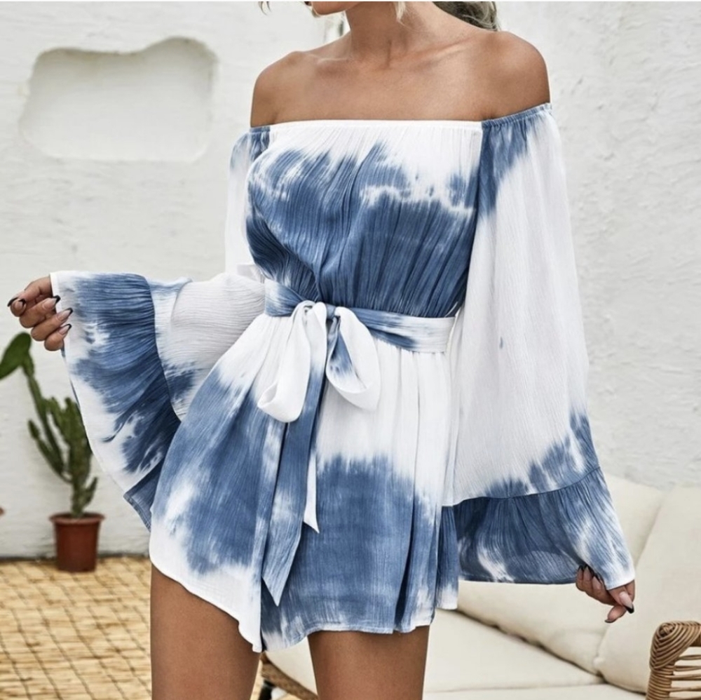 Cloud ☁️ Tie Dye Off shoulder statement sleeves belted romper blue